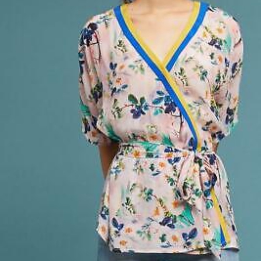 ANTHROPOLOGIE RINKU DALAMAL SPORTY FLORAL WRAP Blouse XS